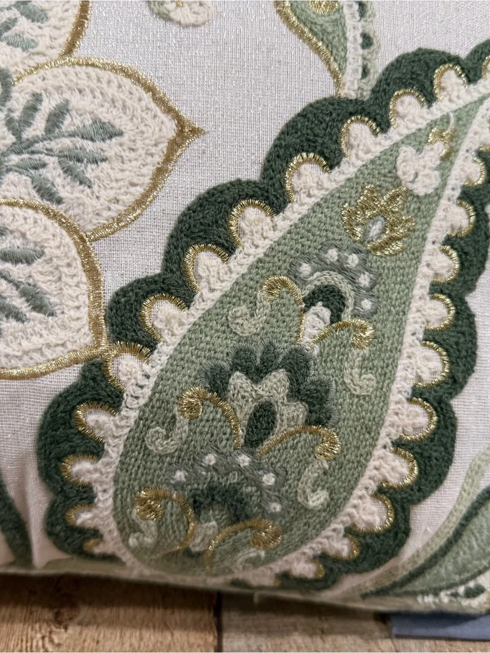 Embroidered Floral Lumbar Pillow by Lacourte- Sage Green on Cream 23”x15”
